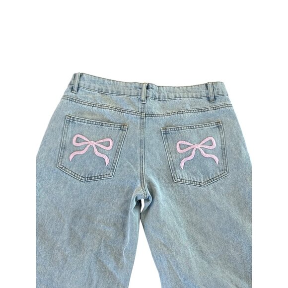 Edit Tread Womens Wide-Leg Denim Jeans Size M Light Wash Pink Bow Pockets USA - Picture 4 of 5